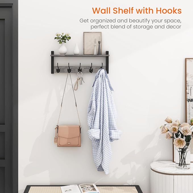 Wall Hooks with Shelf, Coat Rack Wall Mount, Entryway Shelf with Hooks for Clothes, Backpack, Key, Purse - Rustic Grey