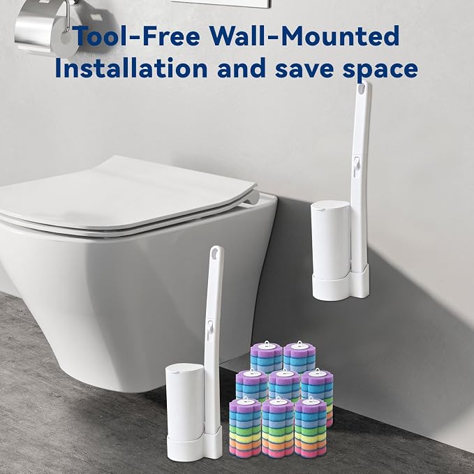 2-Pack Disposable Toilet Brush with 56 Refills, Toilet Cleaning System Starter Kit,Wall-Mounted Space-Saving Brush Set for Deep Bathroom, RV, and Home Cleaning