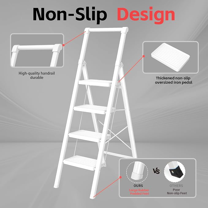 Foldable Step Ladder Stool for Home,4 Step Stool with Wide Anti-Slip Pedal, Heavy Duty 600Lbs Ladder for Indoor Kitchen Closet Stair Use, White