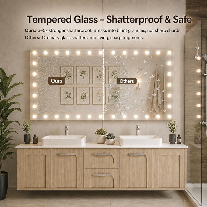 WTTY 96"x36" Hollywood Vanity Mirror with Lights | Wall Mounted Makeup Mirror, 3 Color Temperatures, Stepless Dimmable Bulbs, Anti-fog, Tempered Glass, Shadow-free