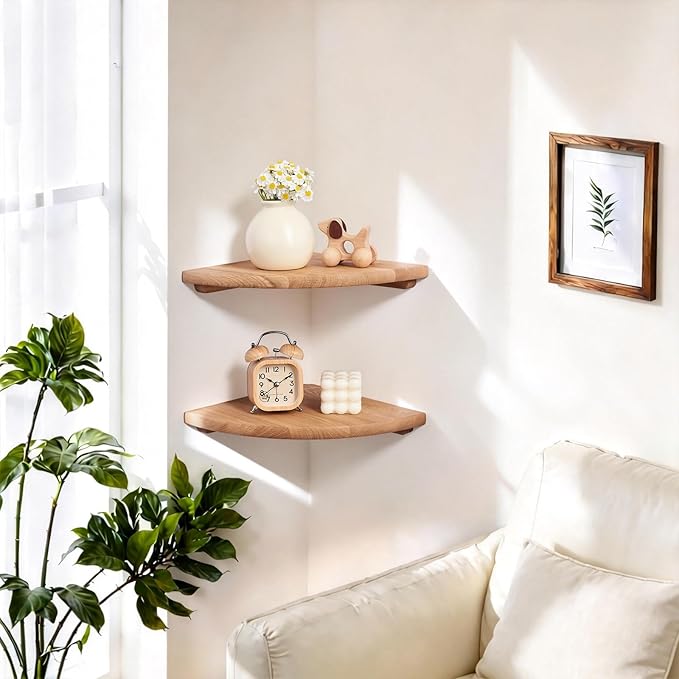 Gieanoo Corner Floating Shelf 9inch Solid Oak Wood Floating Corner Shelf with Wire Hole Corner Wall Mount Storage Display Shelves for Living Room Bedroom Bathroom Kitchen