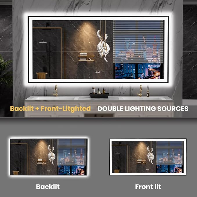 LOAAO 84"X40" LED Bathroom Mirror Black Framed | Anti-Fog, Dimmable, Memory Function, Tempered Glass, Lighted Vanity Mirror for Wall