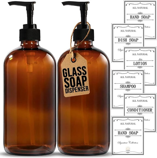 Amber Glass Soap Dispenser with Pump, 16 oz | Amber Glass, Soap Dispenser Pump Hand and Dish,Bathroom and Kitchen Sink use ,6 waterproof (Pack of 2)