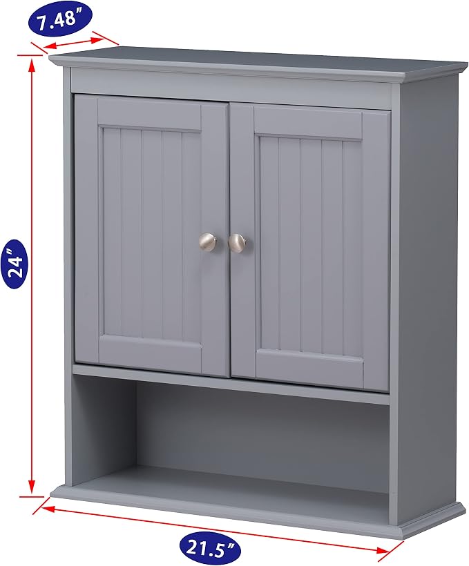 Spirich Bathroom Medicine Cabinet Over Toilet, Wall Mounted Cabinet, Gray | FSC-Certified Engineered Wood, Hidden & Open Storage, Adjustable Shelf, Modern Beadboard Design for Bathroom Kitchen Laundry