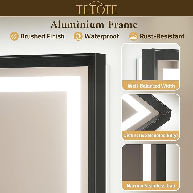 Led Bathroom Mirror 36 x 36 with Brushed Black Frame Anti-Fog Frontlit & Backlit Vanity Mirror Stepless Dimmable Lighted Mirrors for Bathroom Wall 3 Colors White/Warm/Natural Wall-Mounted