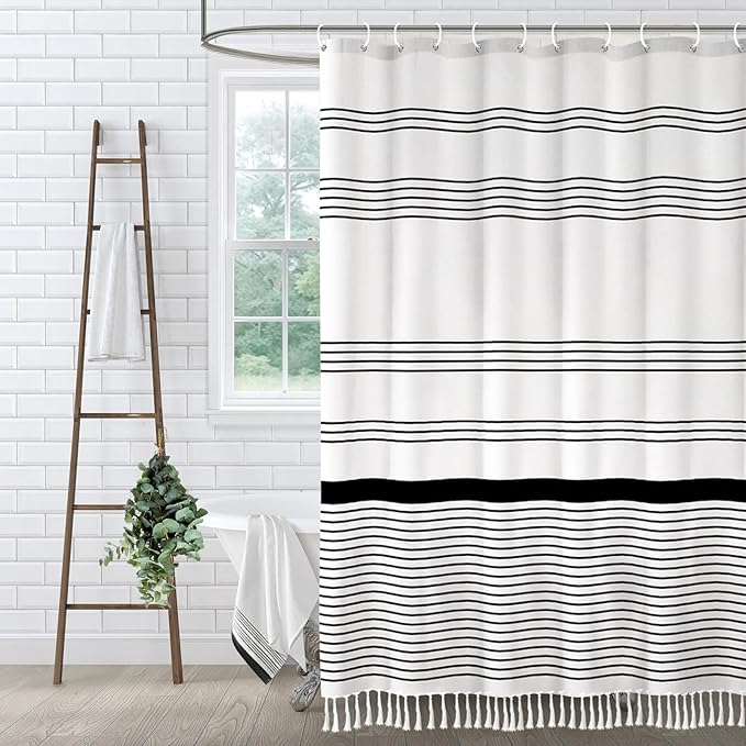 Black and White Boho Cotton Striped Shower Curtain with Tassel 72"W X 72"L | Boho Farmhouse Shower Curtains for Bathroom with Soft Cotton Feel