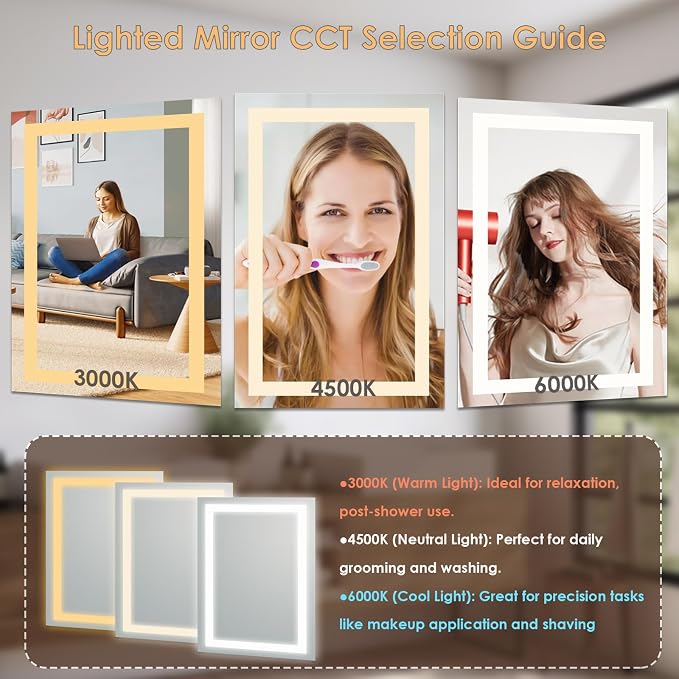LED Bathroom Mirror, Vanity Mirror with Light for Wall 16"×24" | Stepless Dimmable, 3 Colors (3000K-6000K), Anti-Fog, Wall Mounted, 1 Hour Auto Off, Memory Function, Reinforced Packaging