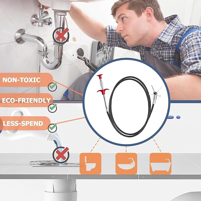 80-Inch Flexible Drain Snake with 4-Claw Grabber for Sink & Shower Clogs | Extended Reach • Flexible Coated Shaft • Secure 4-Claw Grip • Pulls Hair, Food Waste And Debris From Curved Pipes