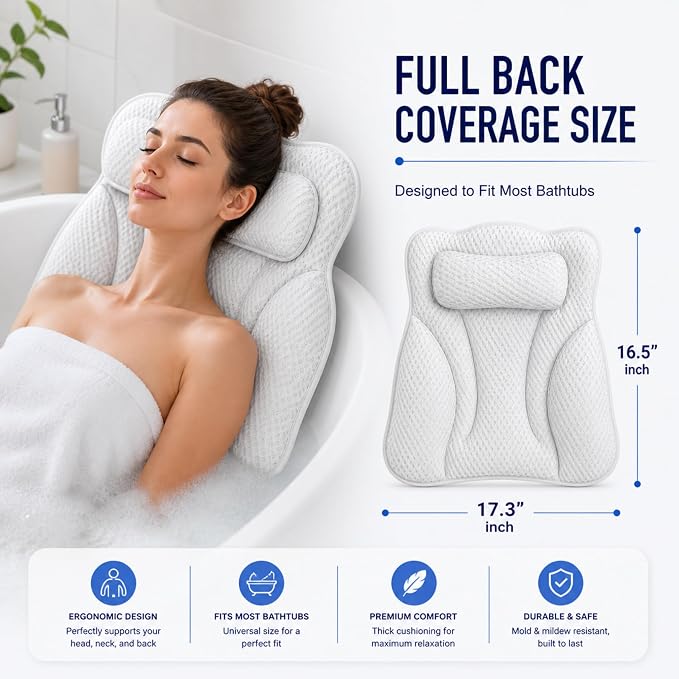 Bath Tub Pillow, Extra Thick Luxury Cushion with Strong Suction Cups for Head, Neck & Back Support, Breathable Spa Pillow for Relaxing Night Bath (White)