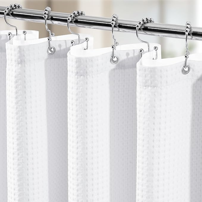 3 in 1 Shower Curtain Set, Waffle Shower Curtain and Liner Set with 12 Double Sided Shower Curtain Hooks, 258GSM Luxury Weighted Cloth Shower Curtains for Bathroom, 72 W x 84 H, White