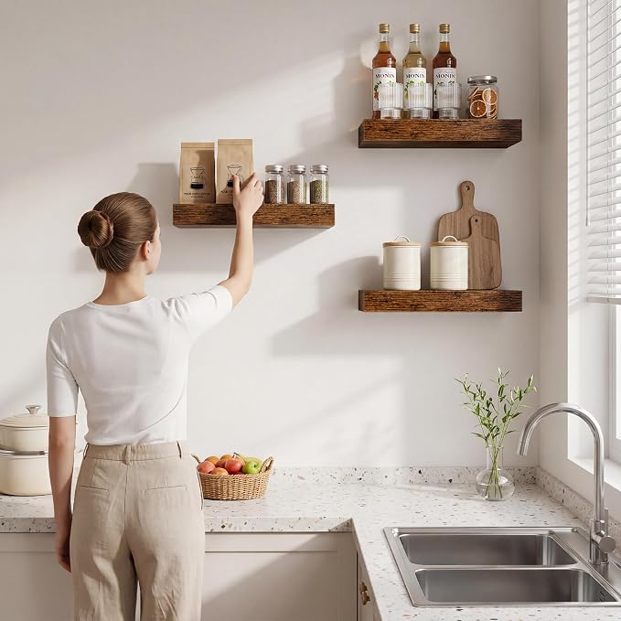 Marsmiles 12in Depth Floating Shelves, 12x12x1.4, Rustic Brown, Set of 3 | Small Wall Mounted Square Shelves, Engineered Wood, Invisible Brackets, Living Room, Bedroom, Bathroom, Kitchen Decor