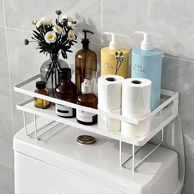 ShellKingdom Over the Toilet Storage Shelf, Toilet Paper Holder Stand Rack | Punch-Free Bathroom Storage Rack with 2 Hooks, Small Space Organizers for Bathroom, Home, White