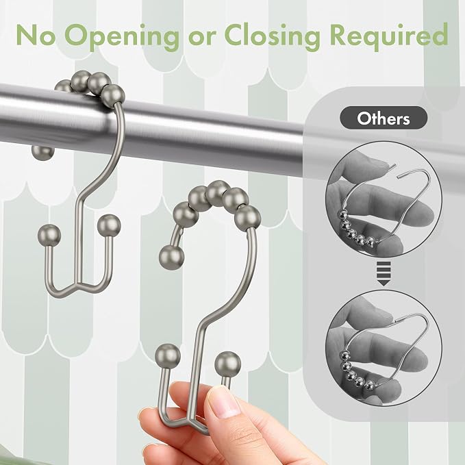 Shower Curtain Rings, Rust-Resistant Metal Double Shower Hooks for Curtain Rolling Shower Curtain Hooks Rings Shower Rings for Bathroom Shower Curtain Rod, Matte Nickel, Set of 12 Rings