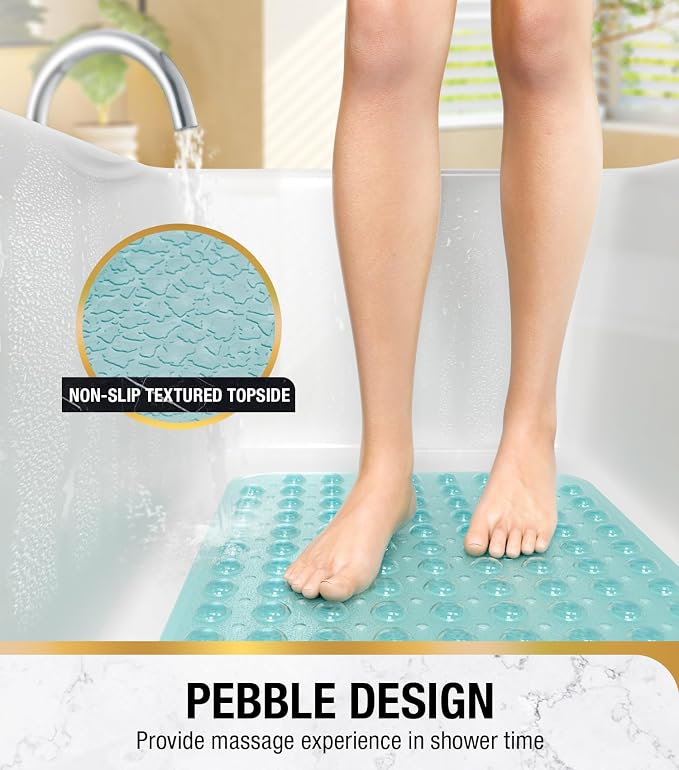 HITSLAM Bath Mat for Tub, Non Slip Bathtub Mat, 40 x 16 Inch Extra Long Bath Tub Mat, Machine Washable Bathroom Shower Mat with Suction Cups and Drain Holes, Soft on Feet, Clear Green