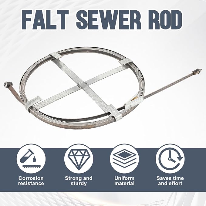 Blulu Flat Sewer Rod 3/4" x 50ft Drain Snake, Adjustable Grip Handle Plumbing Auger Flexible Steel Sewer Cleaning Tool for Dredge Sewers Wells Kitchen Sink Bathroom Drain Outdoor Pipes