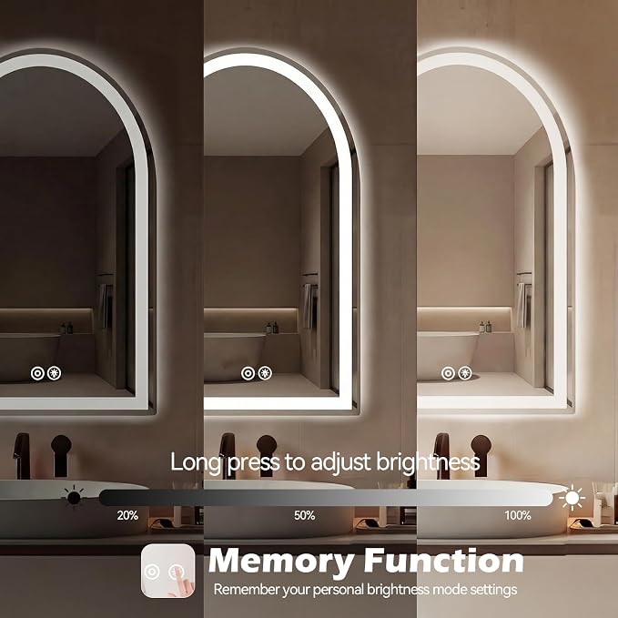 DUMOS 24"x32" LED Bathroom Mirror with Lights, Arched Vanity Mirror | Anti-Fog, Dimmable, 3-Color Light, Memory Function, Front Light and Backlit, Tempered Glass
