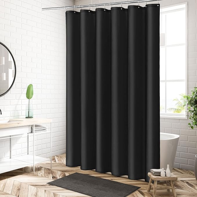 MitoVilla Stall Half Size Shower Curtain Liner, 36 x 72 Inch Fabric Bath Curtain Liner for Modern Hotel, Black Shower Liners, Washable & Water Repellent