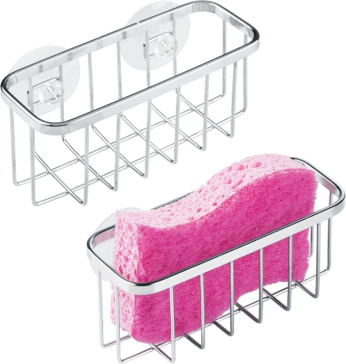 iDesign Stainless Steel Suction Sponge Holder, 2-Pack, Polished | Kitchen Sink Caddy Organizer