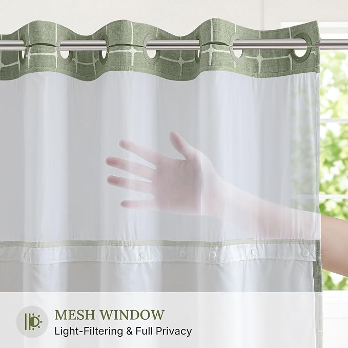 RiverDream Farmhouse No Hooks Shower Curtain with Snap-in Liner,Green,36x74 | Snap on Fabric Liner,Heavy Duty,Quick Dry,Mesh Top Window,With Bottom Magnets,Washable,with Tassels,Stall Size