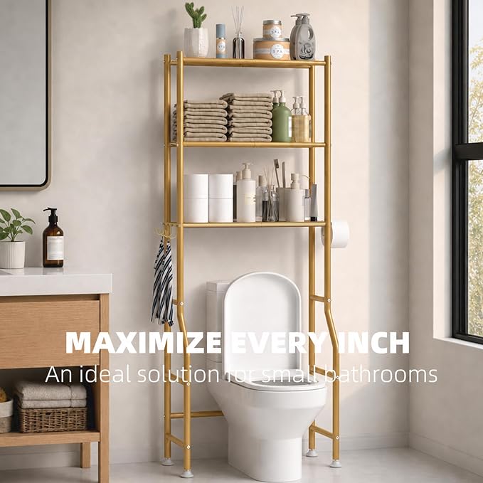 GloTika 3-Tier Over Toilet Storage, Anti-Tilt, 64" H, Gold | Anti-Tilt Safety System, 150lb Capacity, Carbon Steel, Freestanding, No Drilling, Anti-Rust Coating, Paper Holder & 4 Hooks