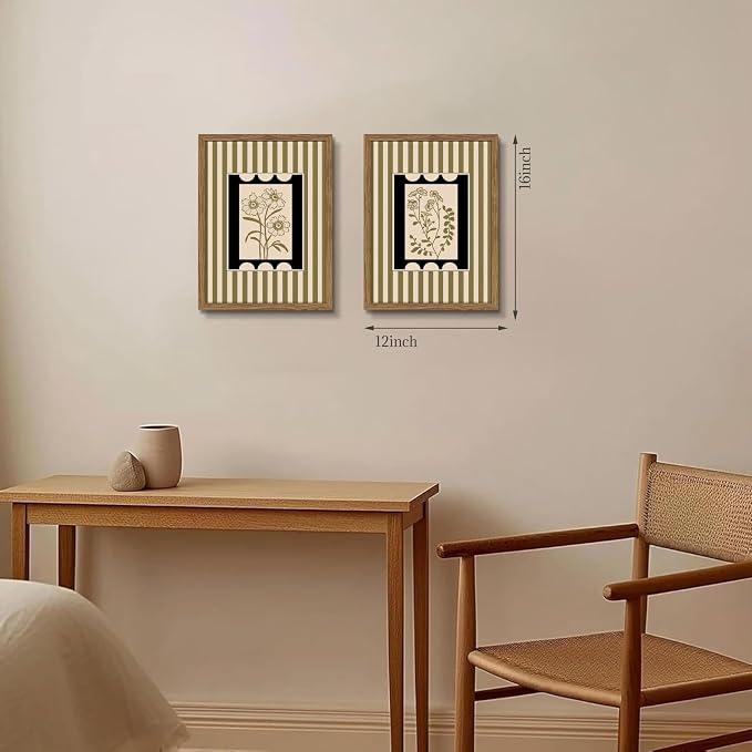 Framed Vintage Botanical Wall Art Set of 2, Olive Green Striped Floral Line Drawing Canvas Prints, Minimalist Nature Plant Artwork, Rustic Wall Decor for Living Room Bedroom Entryway 12x16in