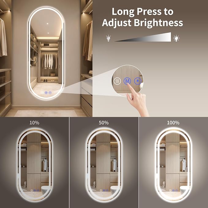 Oval LED Bathroom Mirror, 24"x 50" Led Full Length Mirror | Frameless Large LED Mirror with Front Light & Backlit, Anti-Fog, Dimmable Wall Mounted Lighted Mirror, Smart Bathroom Mirror
