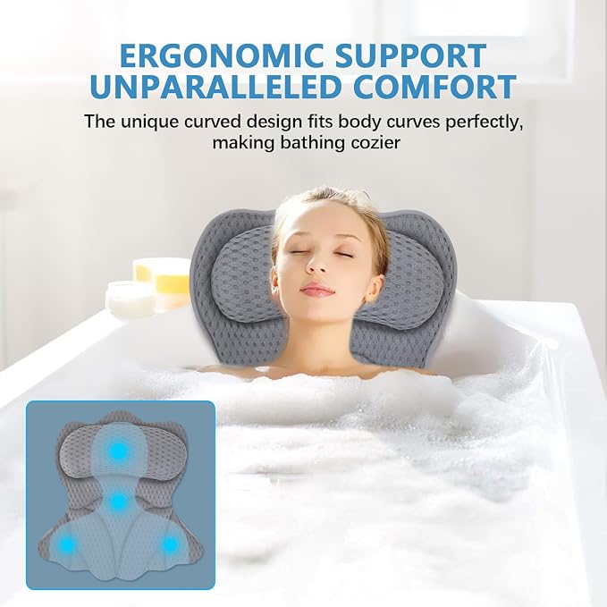 REEZEIVI Bath Pillows for Tub,Thick Neck Back Support Bathtub Cushion,Gray | 4D breathable body-fitting mesh, 6 strong anti-slip suction cups, machine washable & quick drying, durable for all bathtubs