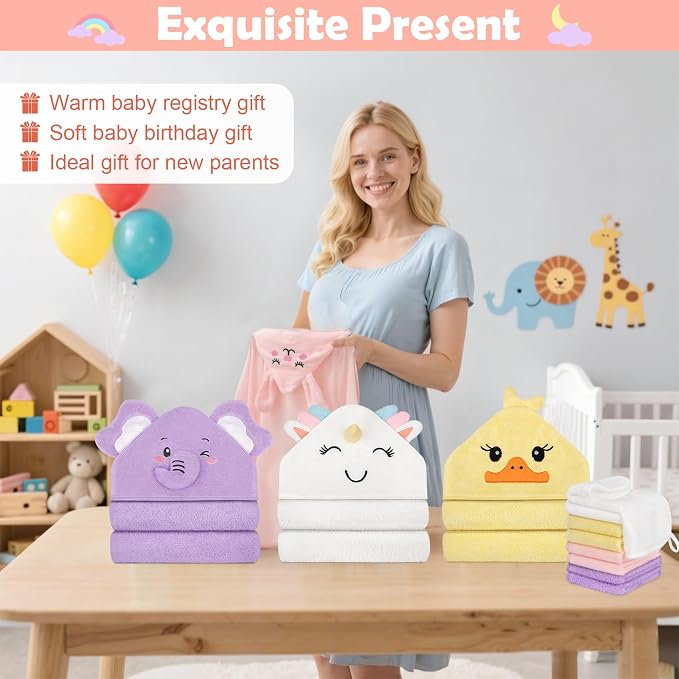 12 PCS Baby Bath Towels Set, Baby Towels for Newborn Bath Essentials Gifts | Animal Hooded, Thick Soft Absorbent, 4 Baby Towels & 8 Washcloths for Girl Boy Toddlers (Elephant, Unicorn, Duck, Rabbit)