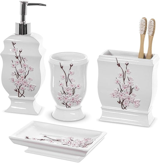 Vanda Cherry Blossom 4 Piece Resin Bathroom Accessories Set | Includes Soap Dispenser, Toothbrush Holder, Tumbler Cup & Soap Dish