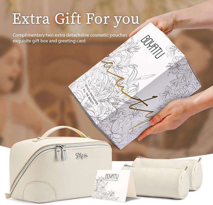 BOYATU Travel Makeup Bag Cosmetic Bags for Women: 3-Piece Makeup Bag Set | | Up to 20 3.4-oz Bottles | 180° Open-Flat Toiletry Organizer for Travel Essentials | Gift-Ready | (C-3-White)