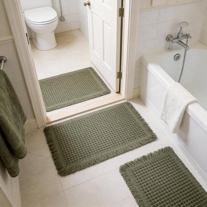 Set of 2 Waffle Bathroom Rugs, Non Slip Absorbent Waffle Knit Bath Mat for Shower Floor, Tub and Bathroom Door, Ultra Soft Quick Dry, Olive Green, 18"x30"+24"x36"
