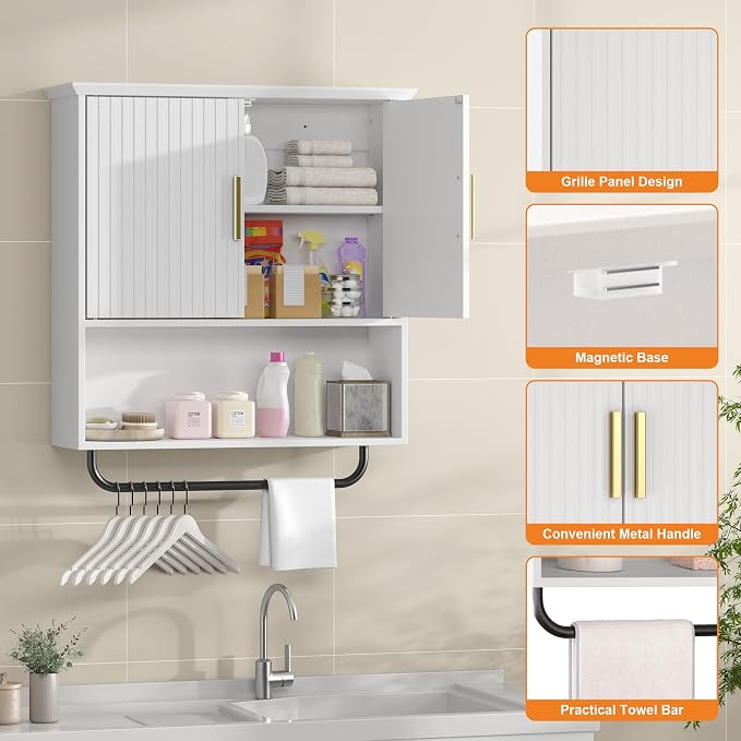 Wall Mounted Medicine Cabinet with Towel Bar & Adjustable Storage Shelf | White Space Saving Wood Bathroom Wall Cabinet 2 Doors for Laundry, Kitchen, Living Room
