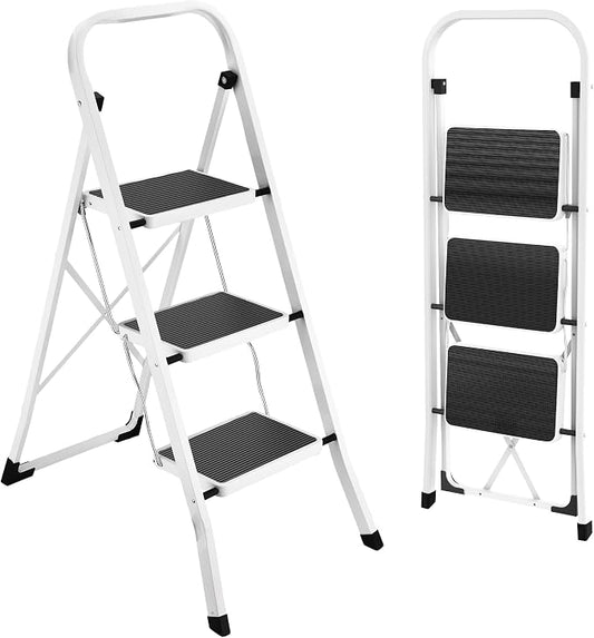 HBTower Step Ladder Folding Step Stool for Adults | 3 Step Ladder with Anti-Slip Pedal, 330 lbs Capacity for Kitchen, Home, White