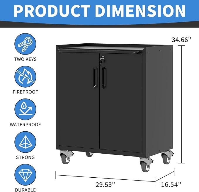 Metal Storage Cabinet for Garage, Tool Cabinet, Utility Cabinet | Wheeled, Rolling Tool Cabinet, Lockable, 2 Doors, Adjustable Shelves, Top Countertop, Assembly Required, Black