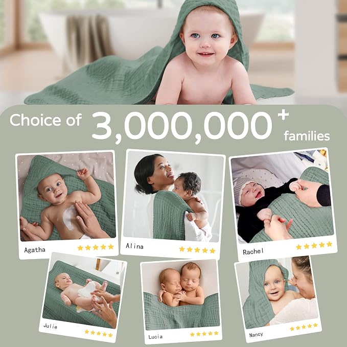 Yoofoss Hooded Baby Towels for Newborn 2 Pack 100% Muslin Organic Cotton Baby Bath Towel with Hood for Babies, Infant, Toddler and Kids, 32x32Inch, Soft and Absorbent Newborn Essential,Grey&Dark Green