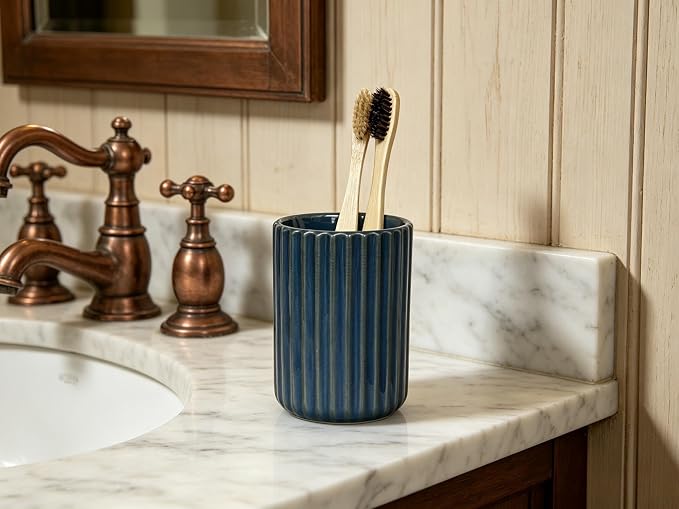 Stoneware Toothbrush Holder for Bathroom Tooth Brush Holder for Bathroom Toothbrush Cup Toothbrush Holders Cute Fluted Vertical Ribbed Stripe (Navy Blue)