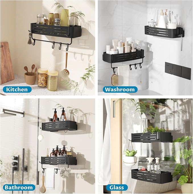 Onemake Shower Caddy Suction Cup, 2 Pack Shower Shelf with Hooks, Black | No-drill Rustproof Aluminum Removable Caddy with Hooks, Wall Mounted Shower Organizer, Corner Shampoo Holder for Bathroom