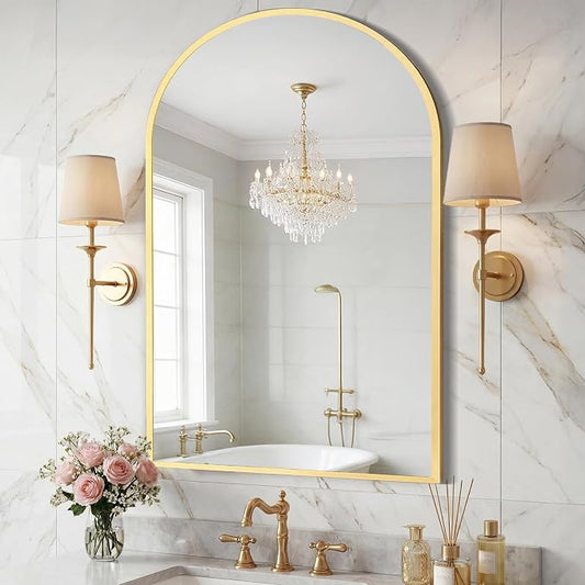 Sweetcrispy Arched Bathroom Mirror, Bathroom Mirrors for Over Sink, 26"x38" | Modern Wall Mirrors Arch Decorative for Entryway, Bedroom, Vanity,Horizontal or Vertical Hanging, Gold