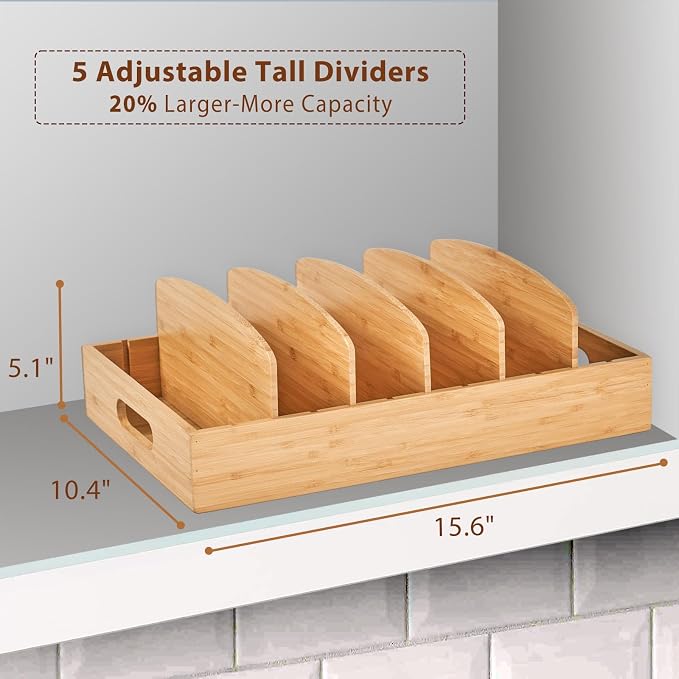 Extra Large Bamboo Food Container Lid Organizer for Kitchen Cabinet | Adjustable Slots - Tall Dividers for Large Lids - Premium Bamboo, Pretty Color - Versatile Caddy in Drawer - Anti-Skid Pads