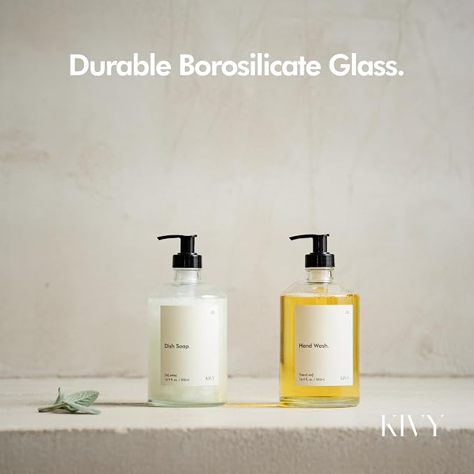 KIVY Glass Soap Dispenser Set [INCL. Waterproof Labels] - Glass Soap Dispenser with Pump - Hand Soap and Dish Soap Set - for Kitchen, Shower & Bathroom - Refillable (Matte Black)
