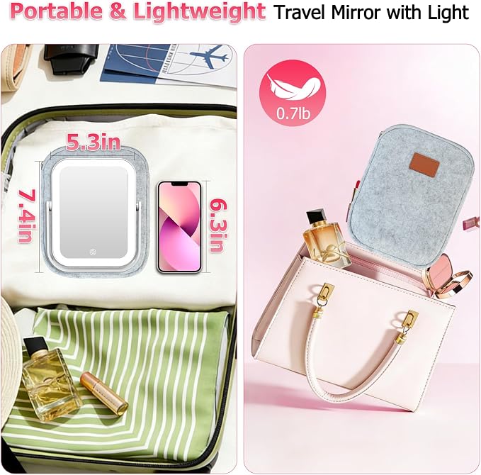 3000mAh Rechargeable Travel Magnifying Mirror with Light, White with Big | 2-Sided 30X Magnifying travel makeup mirror with 3-Color Lighting, Dimmable Touch Screen,Compact Vanity Mirror for Women Gift