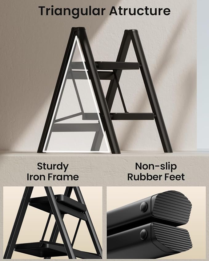 2 Step Ladder, Folding Step Stool, Lightweight Stepladder, Black | Anti-Slip 7.9'' Wide Pedal;Space-Saving;For Kitchen, Home, Library, Office Use;300lbs Capacity