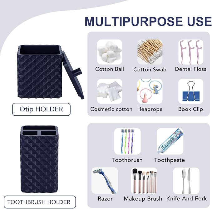 Bathroom Accessories Set Resin 6PCS, Square Toothbrush Holders Set Complete with Soap Dispenser, Vanity Tray, Tumbler, Cups and Cotton Swab Jars (Navy Diamond, Resin Bath 6 PCS)
