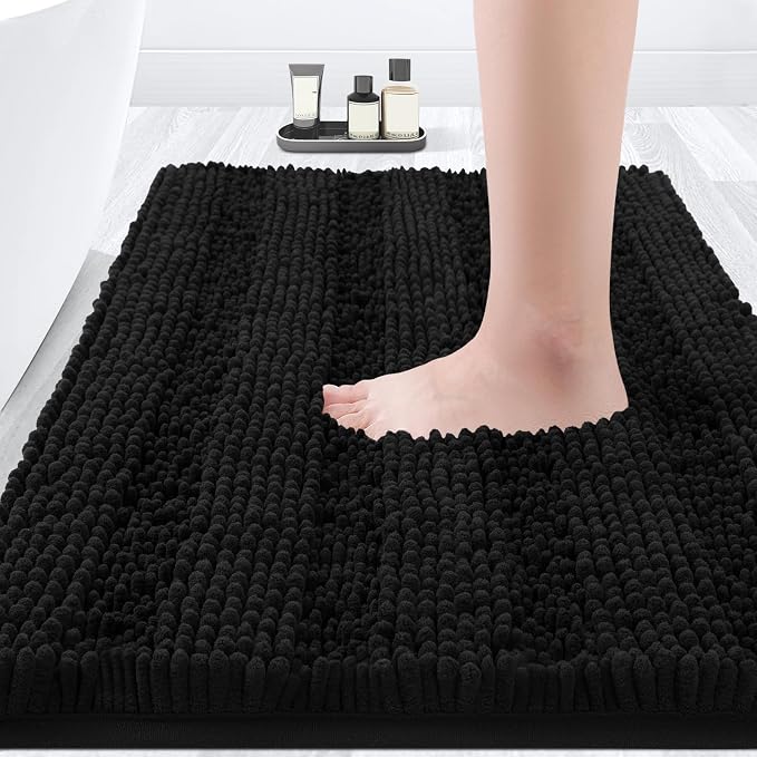 Striped Black Bathroom Rug Mat 32"x20" Ultra Soft, Non Slip Chenille Bath Rugs, Absorbent Plush Shaggy Bath Mats for Bathroom, Bedroom, Kitchen, Shower, Tub