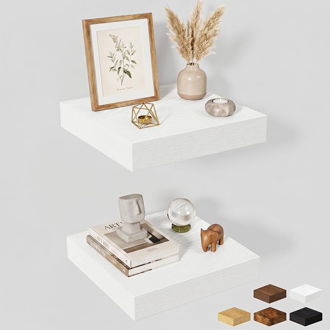 Fun Memories Floating Shelves for Wall 12 Inch, 12 Inch Deep Square Wall Shelves, Bathroom Storage Shelves Over Toilet, Wood Floating Shelves for Living Room Bedroom, White, Set of 2