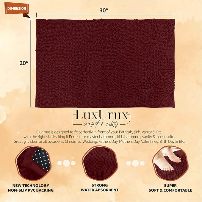 Ultra Soft Texture Chenille Plush Bath Rugs Floor Mats, Bath Rug Non Slip Microfiber Door Mat for Kitchen/Entryway/Living Room (30 x 20 inches, Burgundy)