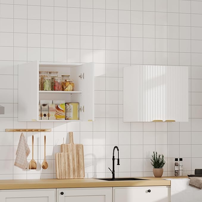 ChooChoo Bathroom Wall Cabinet, Laundry Room Cabinet with 2 Fluted Doors | Kitchen Storage Cupboard Cabinet with Adjustable Shelf, Fluted Wall-Mounted Medicine Cabinet for Kitchen, Garage, White