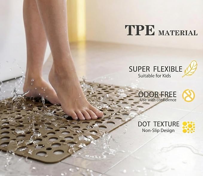 Nonslip Bath Tub Shower Mat with Suction Cups, Extra Soft TPE Bath Mat for Kids, Bathtub Bathroom Mats, Machine Washable, Smooth/Non-Textured Tubs Only, 35L x 16W Inch(Brown)
