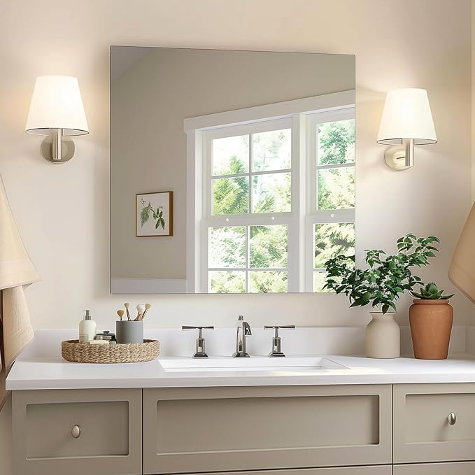 KOCUUY Frameless Mirror, 24"x24" Bathroom Mirror for Over Sink, Upgraded Shatterproof, Large Rectangle Unframed Mirror for Wall, Bathroom, Bedroom, Living Room, Entryway, Hang Horizontal/Vertical
