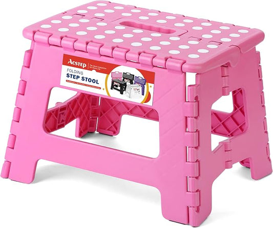 9" Folding Step Stool for Kids, Holds 300 lb Foldable Stools, Pink | Heavy Duty Collapsible Foot Stools, Lightweight, Non-Slip, for Toddler/Adults Kitchen Bathroom Bedroom Outdoor, with Handle